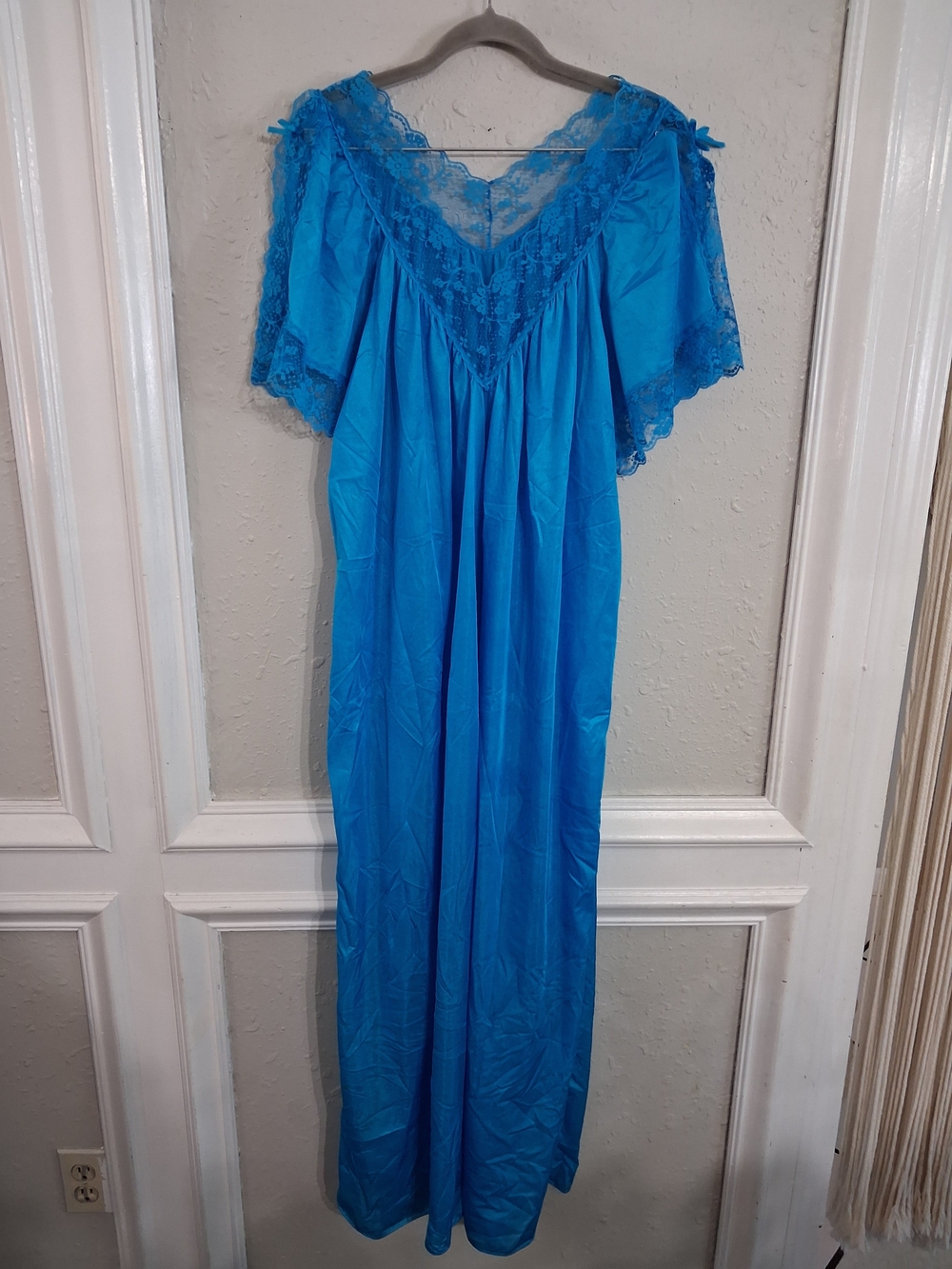 Vintage 70s lady cameo Dallas TX lace teal lingerie maxi dress bows plus 1x